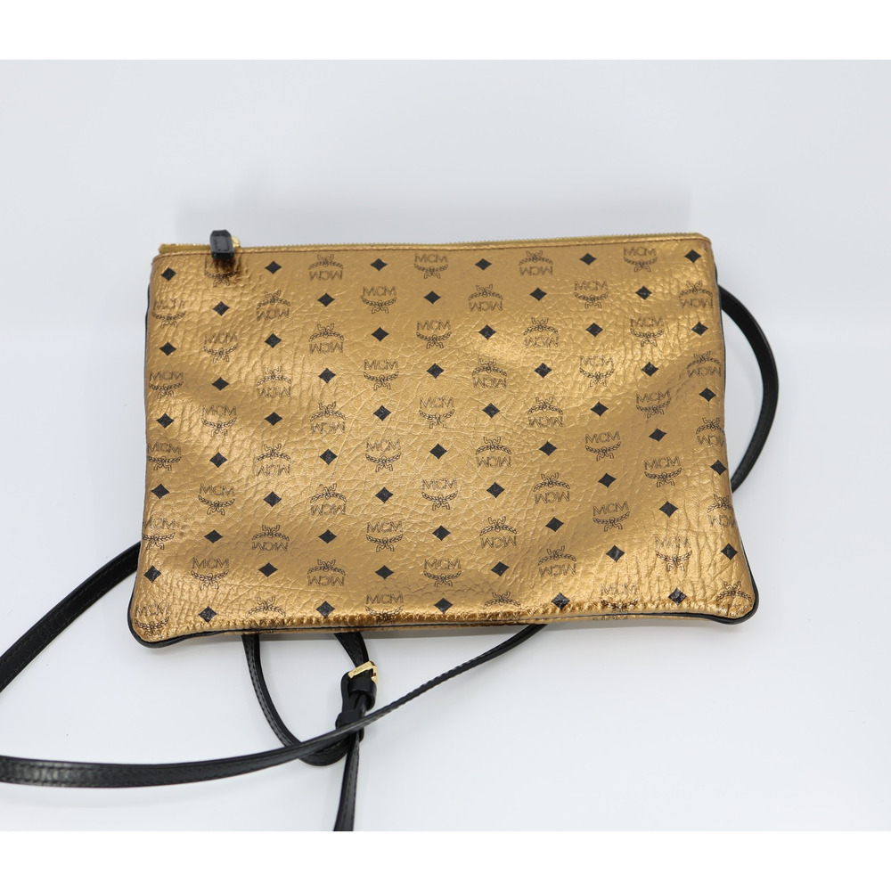 D0 Authentic MCM Metallic Gold Visetos Coated Canvas Crossbody Logo Monogram Bag - Picture 2 of 4
